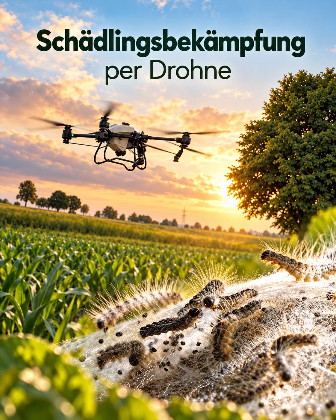 Agrardrohne über einem Maisfeld bei Sonnenuntergang, im Vordergrund ein Gespinst mit Raupen des Eichenprozessionsspinners. Schriftzug: Schädlingsbekämpfung per Drohne.