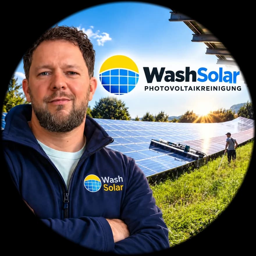 Marcel Budde, Inhaber von Wash Solar, mit verschränkten Armen vor einem Solarpark, auf dem ein Waschroboter die Module reinigt